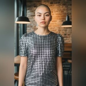 J. CREW Women's Black and Silver Checkered Top Small